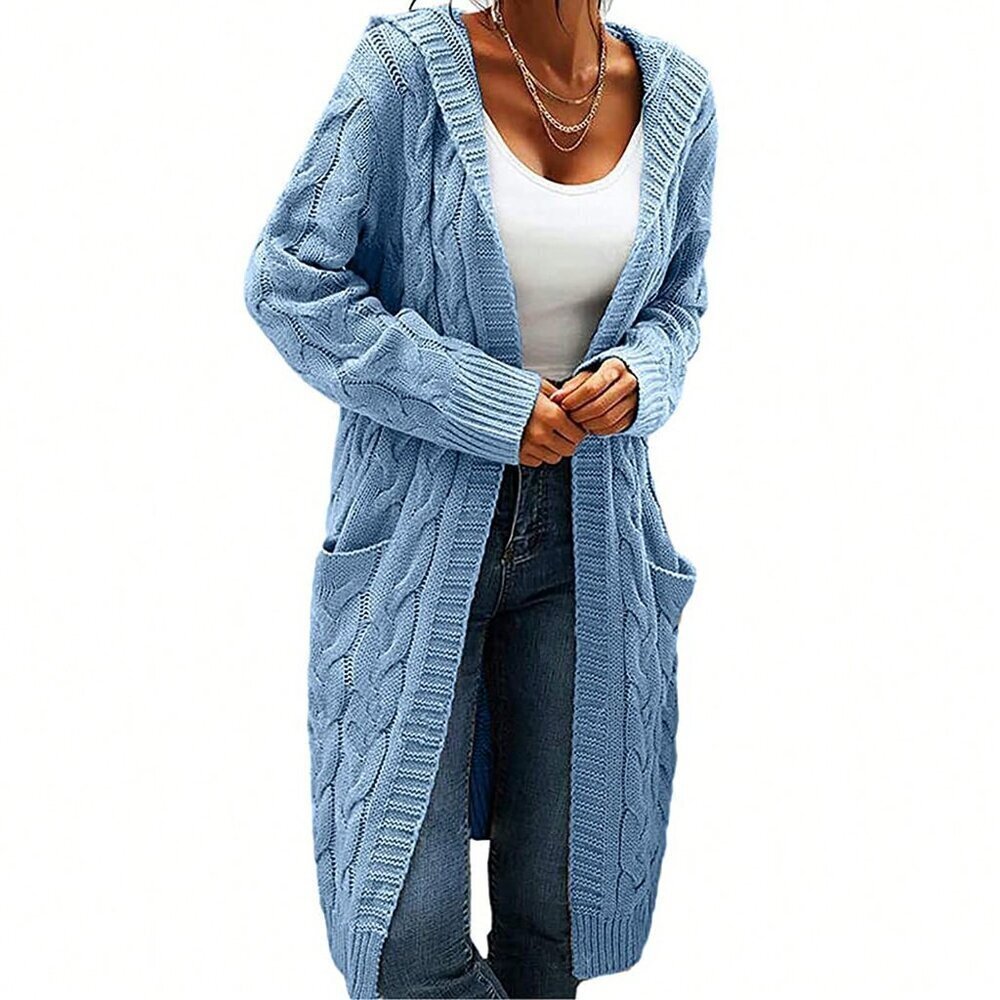 Sky Blue Casual Women's Cable Knit Long Sleeve Hooded Cardigan with Pocket